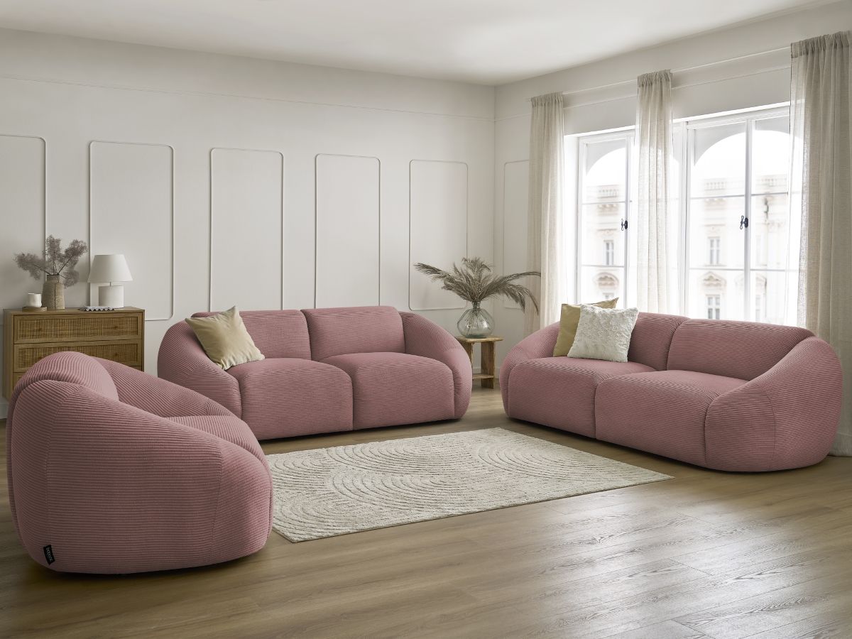 Ensemble canapé droit fixe 3 + 2 places + fauteuil TINA velours côtelé rose   BOBOCHIC