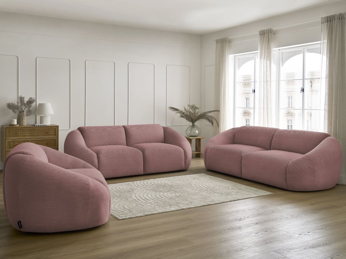 Ensemble canapé droit 3 + 2 places + fauteuil TINA velours côtelé rose — vue 5