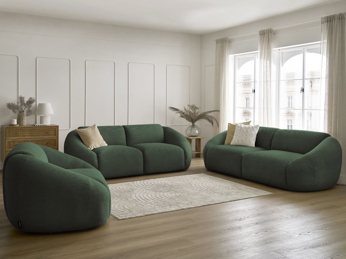 Ensemble canapé droit fixe 3 + 2 places + fauteuil TINA velours côtelé vert   BOBOCHIC