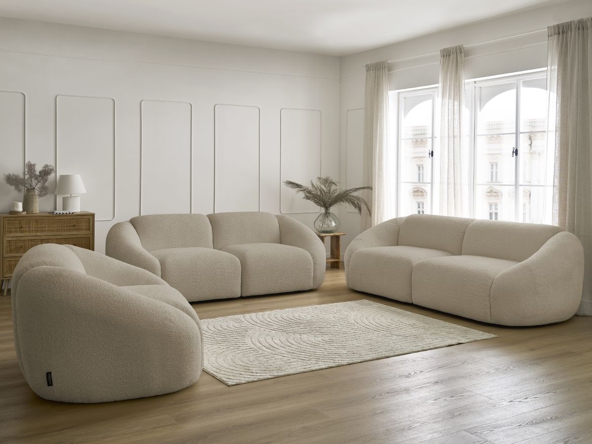 Ensemble canapé droit fixe 3 + 2 places + fauteuil TINA tissu bouclette beige   BOBOCHIC - Vue supplémentaire 3