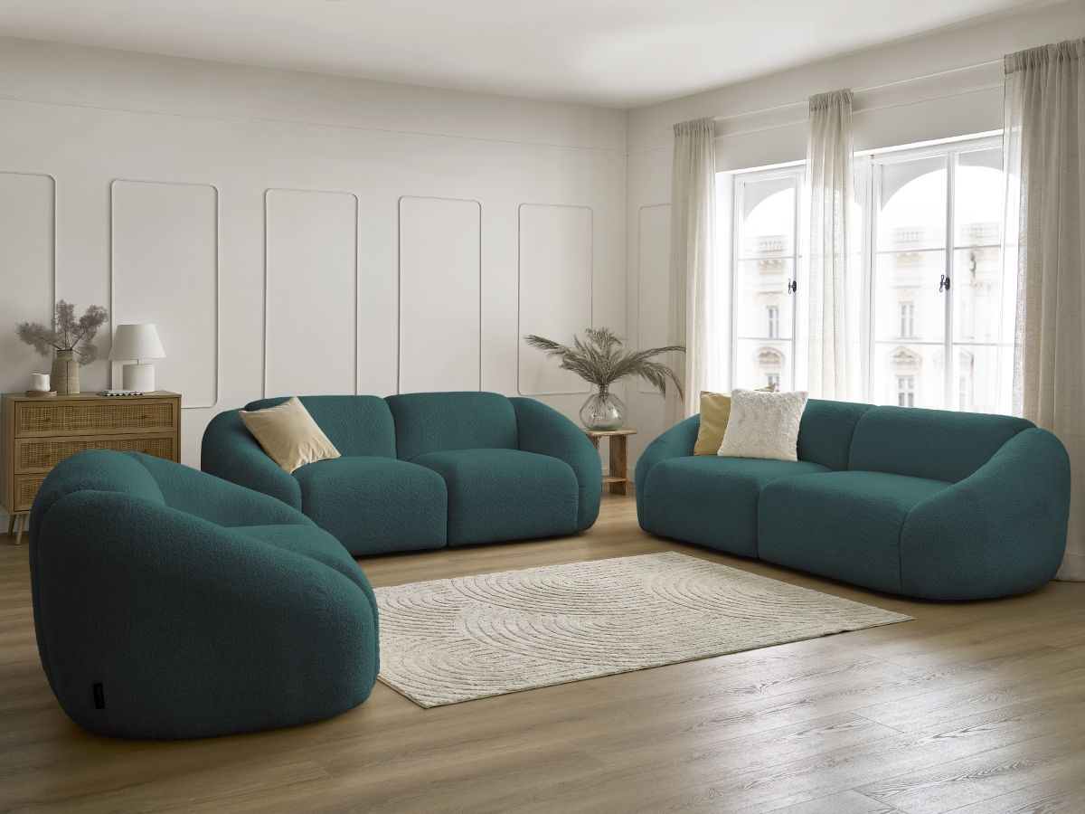 Ensemble canapé droit fixe 3 + 2 places + fauteuil TINA tissu bouclette bleu clair   BOBOCHIC