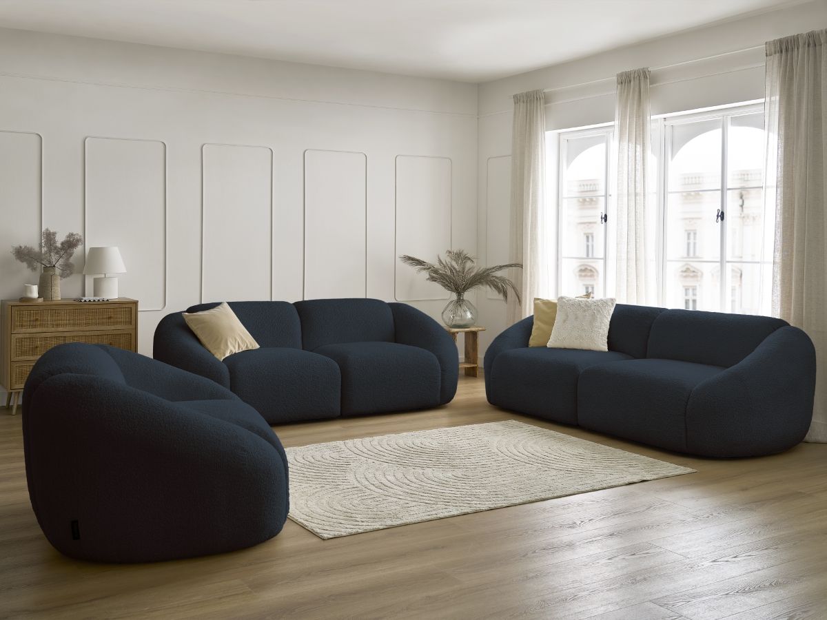 Ensemble canapé droit fixe 3 + 2 places + fauteuil TINA tissu bouclette bleu foncé   BOBOCHIC