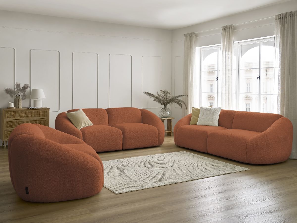 Ensemble canapé droit fixe 3 + 2 places + fauteuil TINA tissu bouclette orange   BOBOCHIC