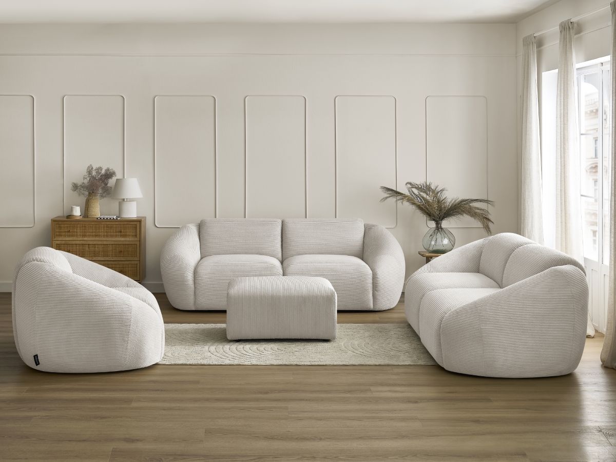 Ensemble canapé droit fixe 3 + 2 places + fauteuil TINA velours côtelé avec pouf
