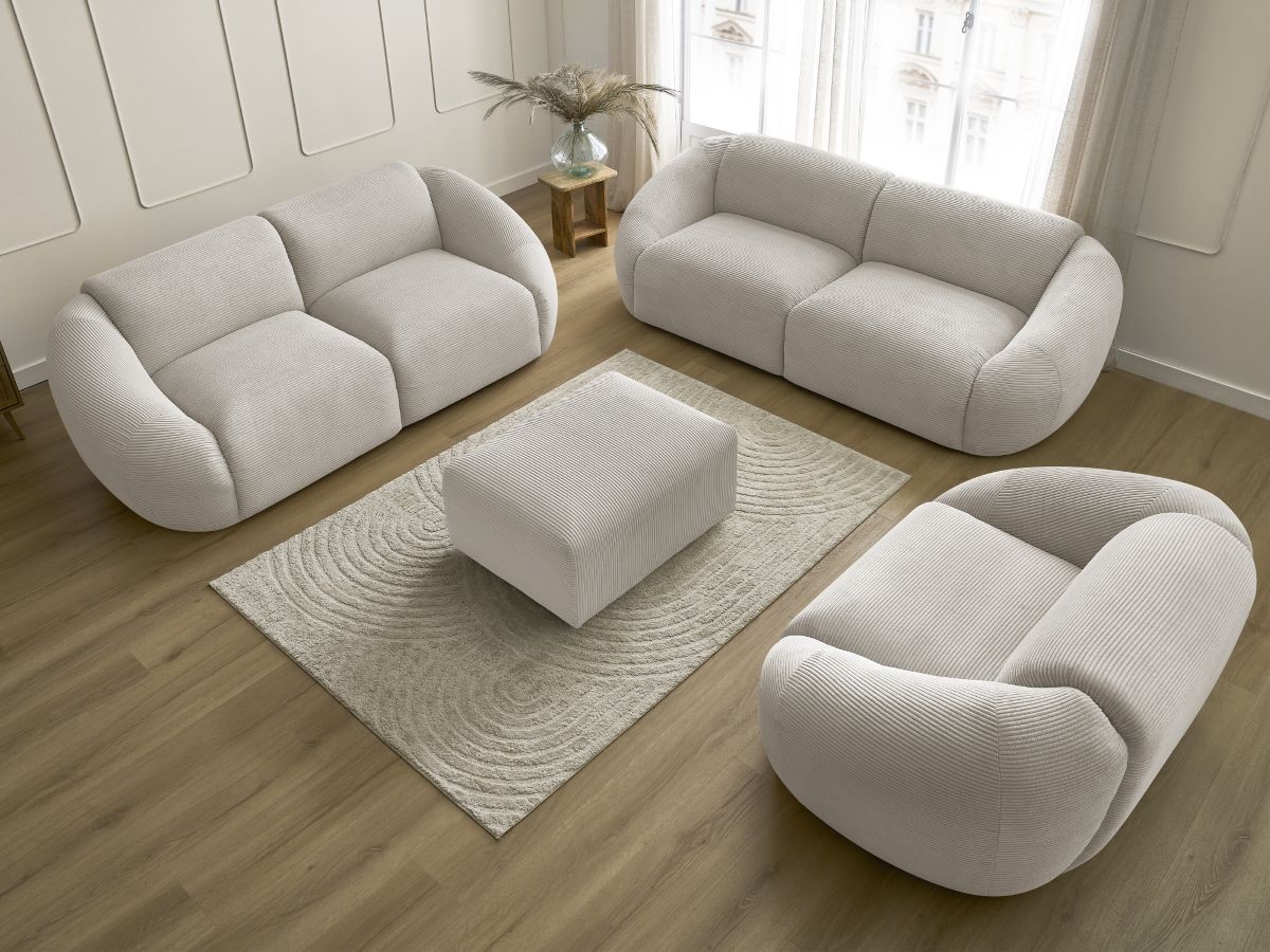 Ensemble canapé droit fixe 3 + 2 places + fauteuil TINA velours côtelé avec pouf