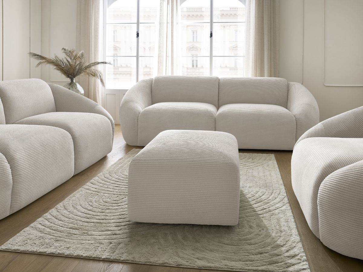 Ensemble canapé droit fixe 3 + 2 places + fauteuil TINA velours côtelé avec pouf