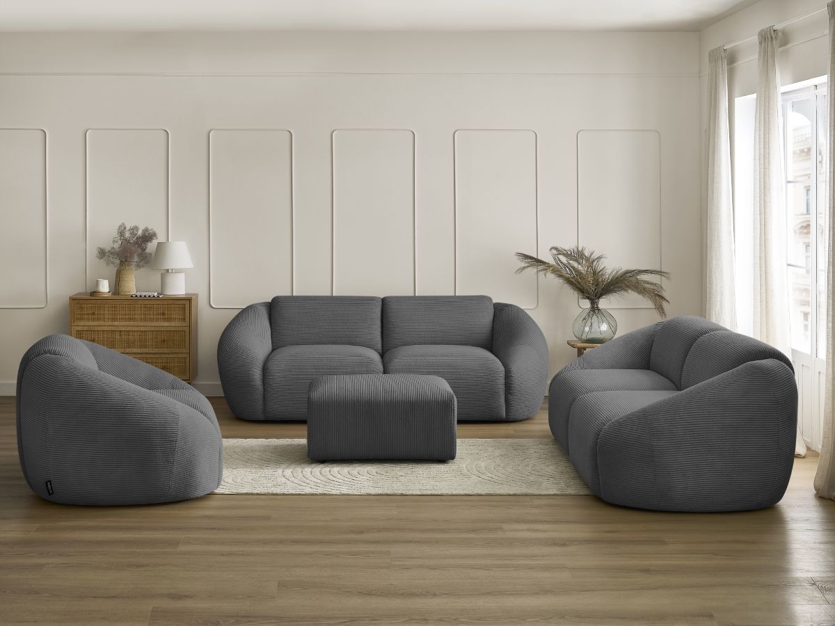 Ensemble canapé droit fixe 3 + 2 places + fauteuil TINA velours côtelé avec pouf