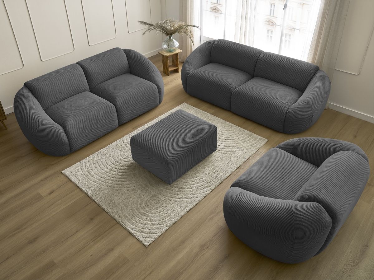 Ensemble canapé droit fixe 3 + 2 places + fauteuil TINA velours côtelé avec pouf