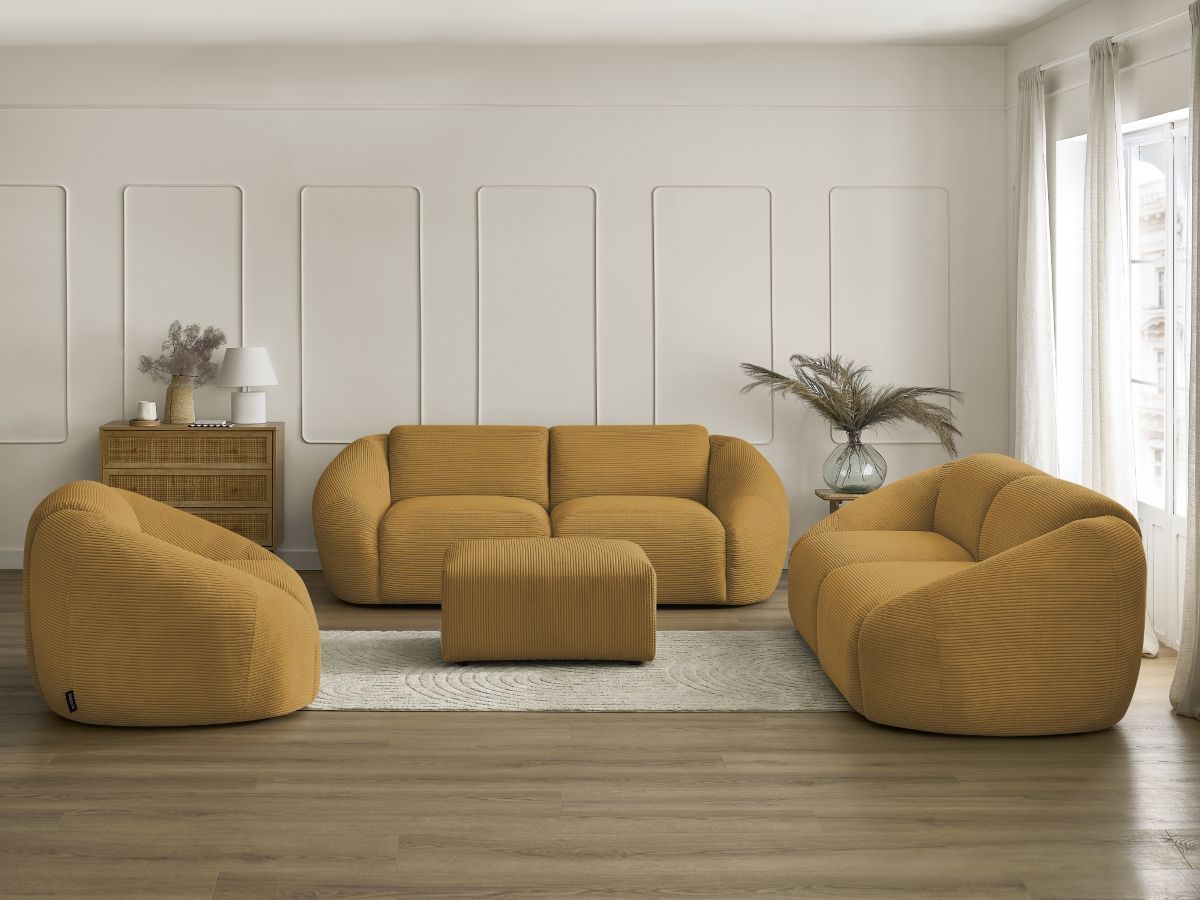 Ensemble canapé droit fixe 3 + 2 places + fauteuil TINA velours côtelé avec pouf