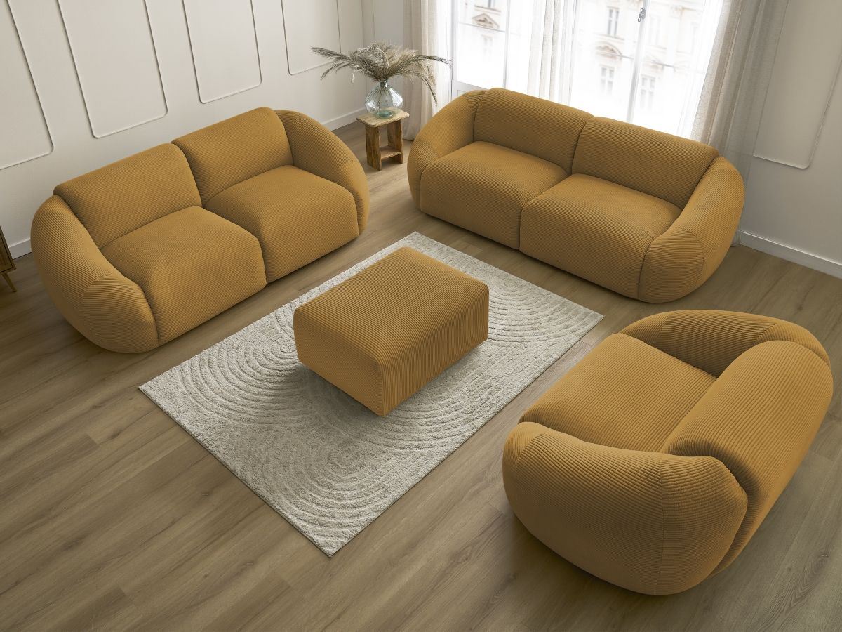 Ensemble canapé droit fixe 3 + 2 places + fauteuil TINA velours côtelé avec pouf