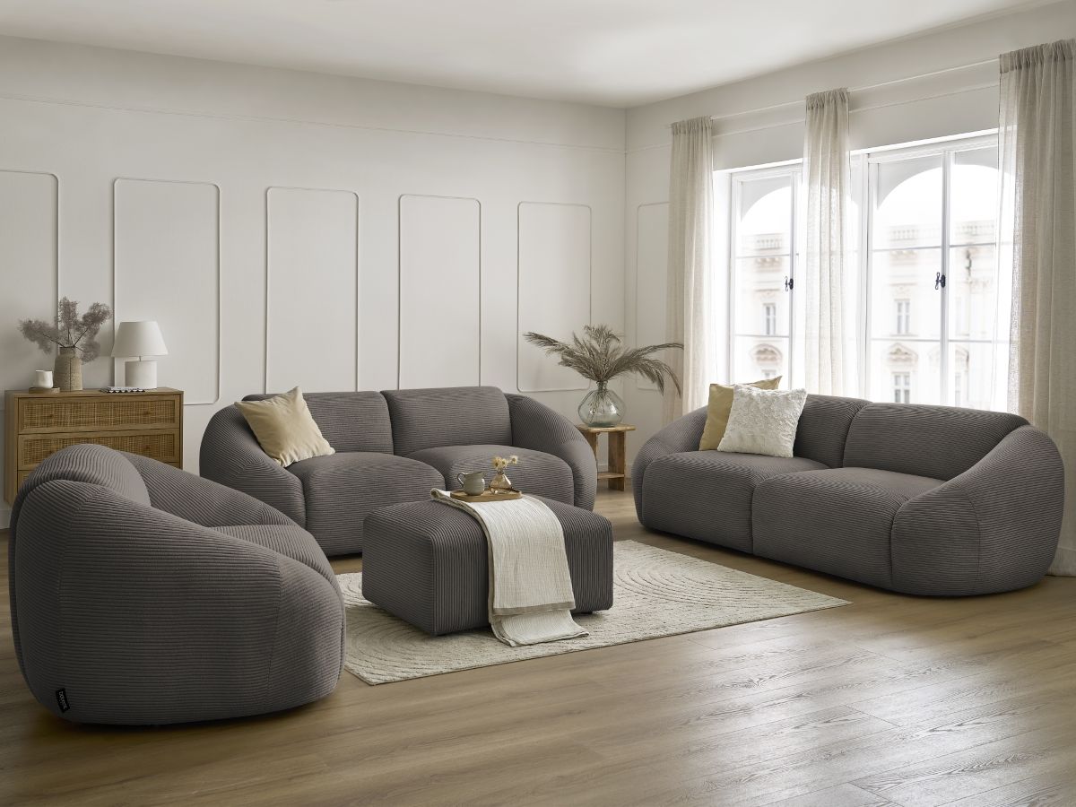 Ensemble canapé droit fixe 3 + 2 places + fauteuil TINA velours côtelé avec pouf