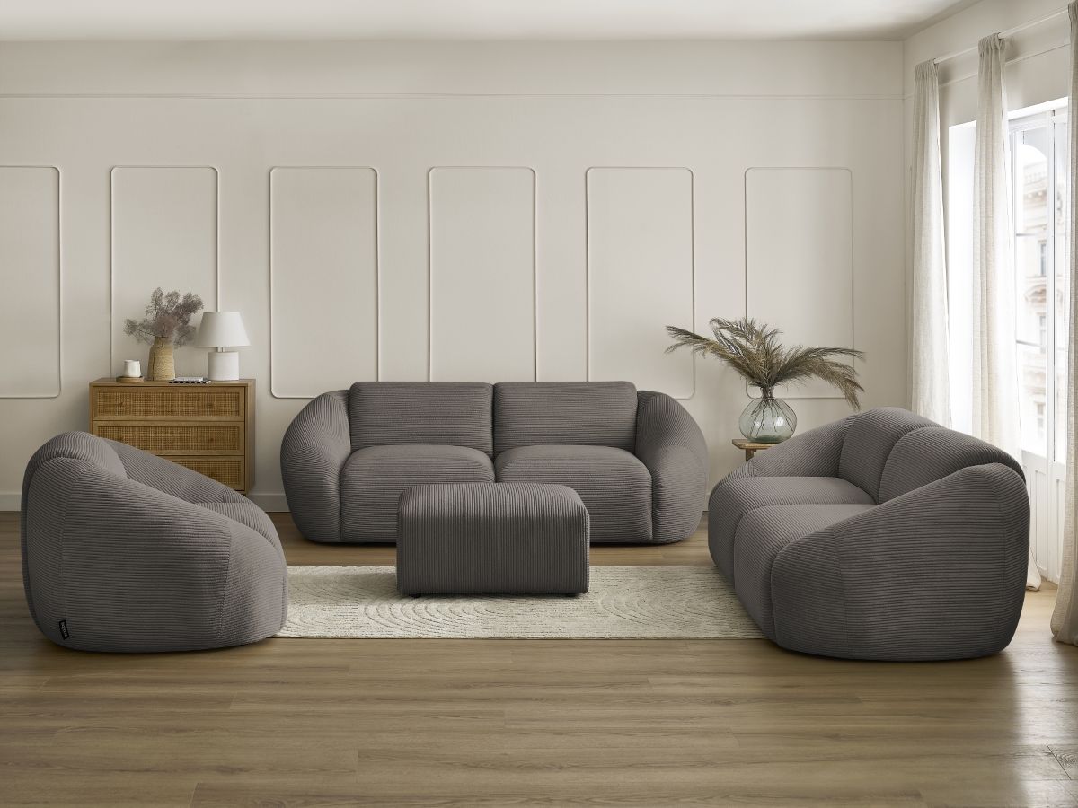 Ensemble canapé droit fixe 3 + 2 places + fauteuil TINA velours côtelé avec pouf