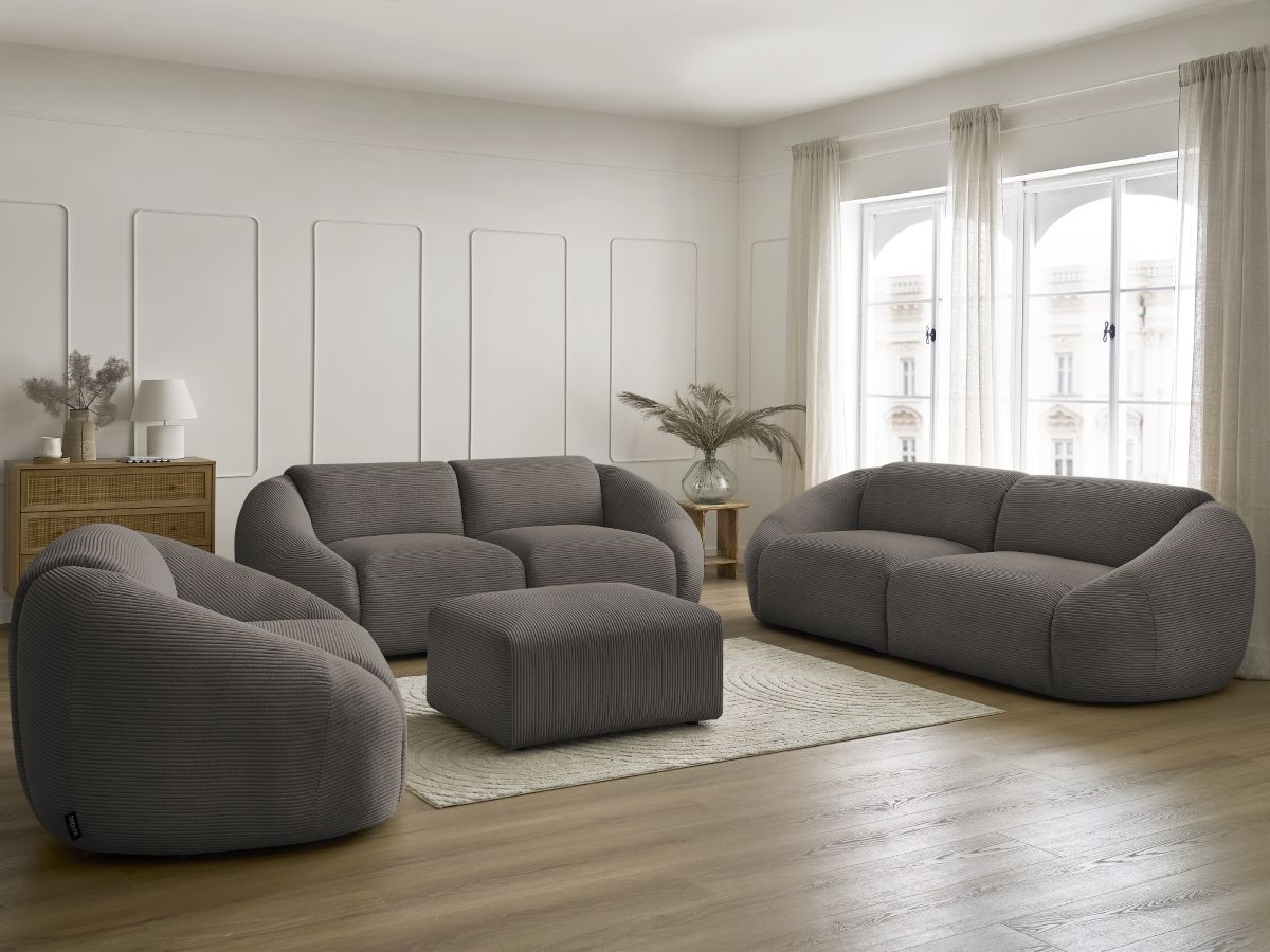 Ensemble canapé droit 3 + 2 places + fauteuil TINA velours côtelé avec pouf taupe — vue 5