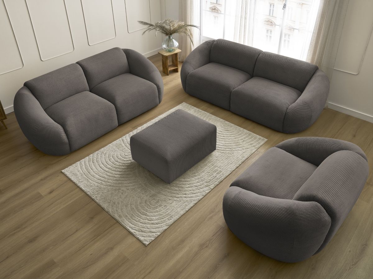 Ensemble canapé droit fixe 3 + 2 places + fauteuil TINA velours côtelé avec pouf