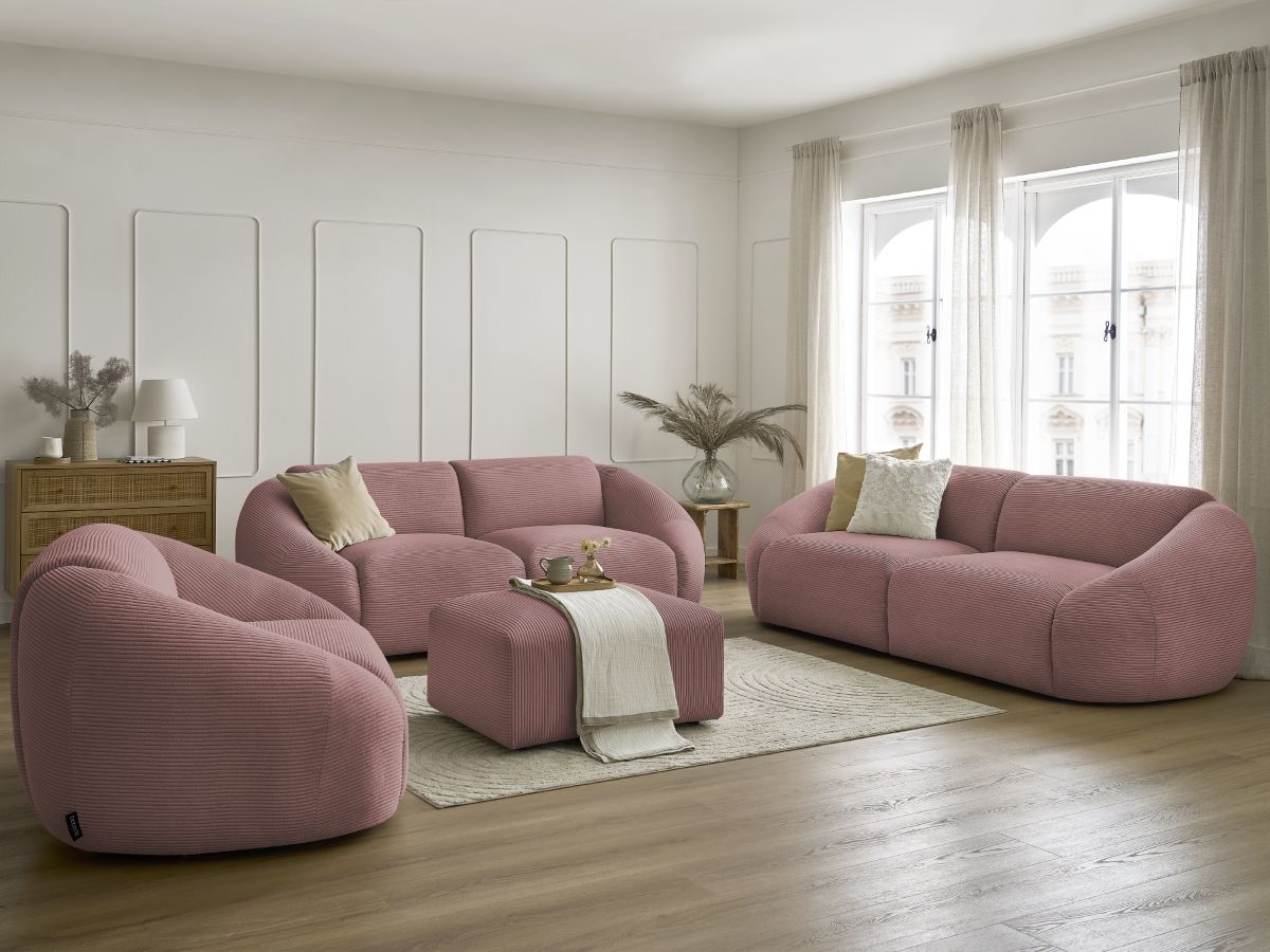 Ensemble canapé droit fixe 3 + 2 places + fauteuil TINA velours côtelé avec pouf rose   BOBOCHIC