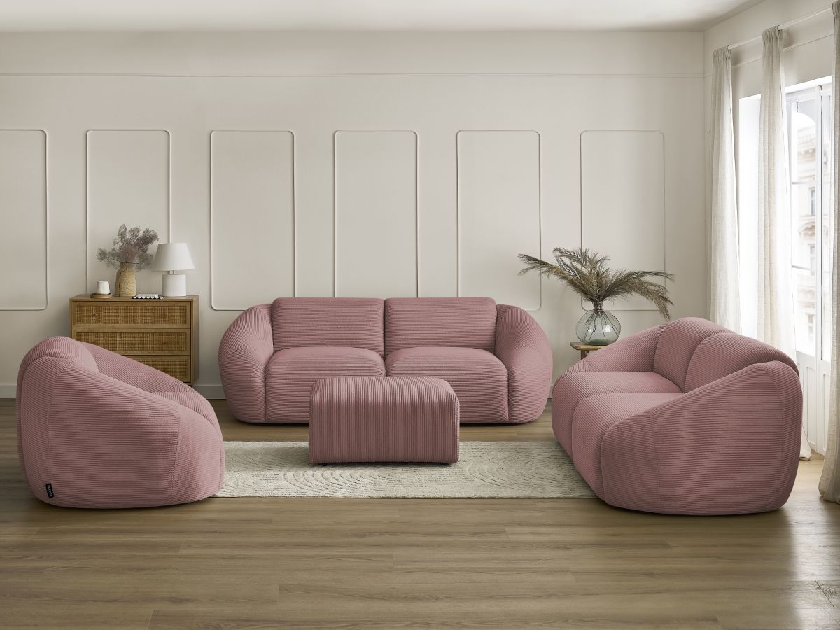 Ensemble canapé droit fixe 3 + 2 places + fauteuil TINA velours côtelé avec pouf