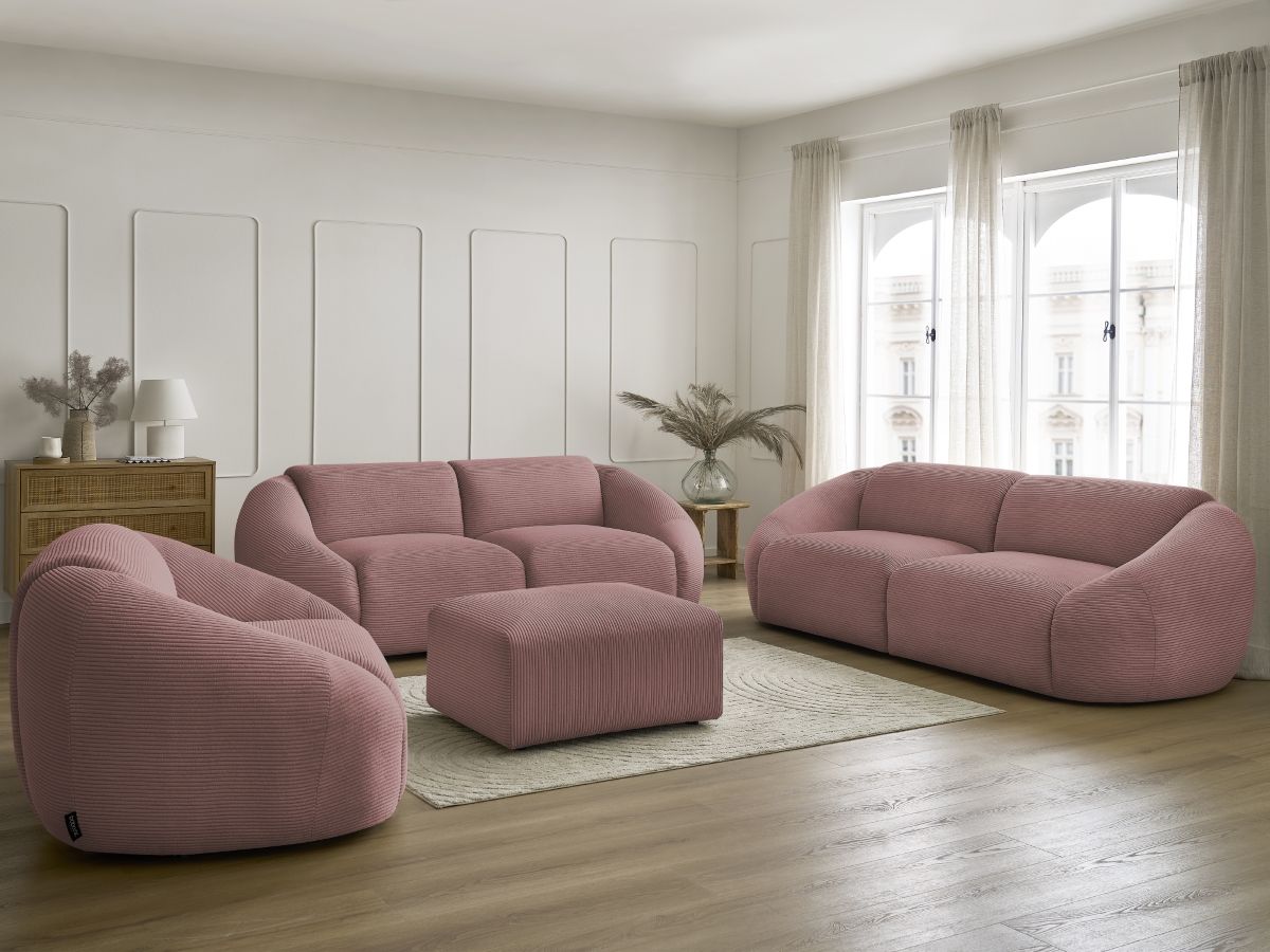 Ensemble canapé droit 3 + 2 places + fauteuil TINA velours côtelé avec pouf rose — vue 5