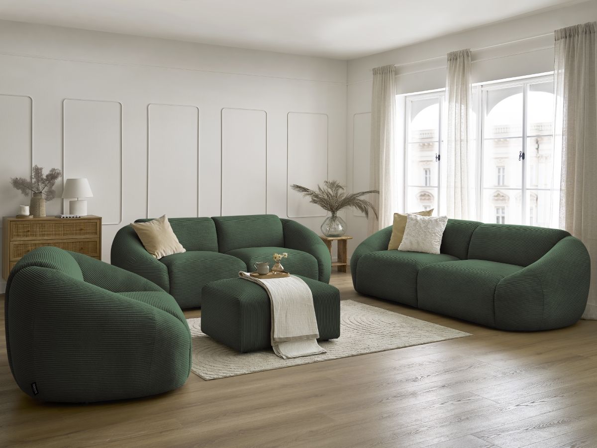 Ensemble canapé droit fixe 3 + 2 places + fauteuil TINA velours côtelé avec pouf vert   BOBOCHIC