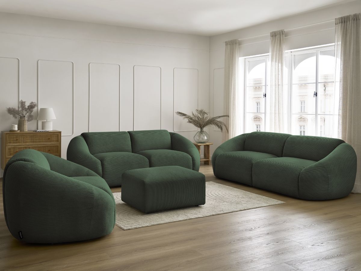 Ensemble canapé droit 3 + 2 places + fauteuil TINA velours côtelé avec pouf vert — vue 5