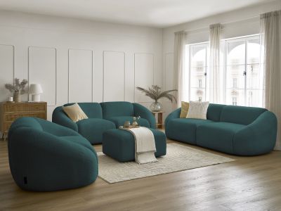 Ensemble canapé droit fixe 3 + 2 places + fauteuil TINA tissu bouclette avec pouf