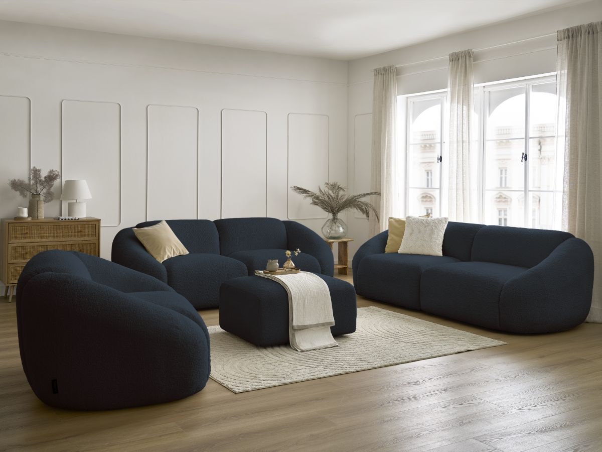 Ensemble canapé droit fixe 3 + 2 places + fauteuil TINA tissu bouclette avec pouf bleu foncé   BOBOCHIC