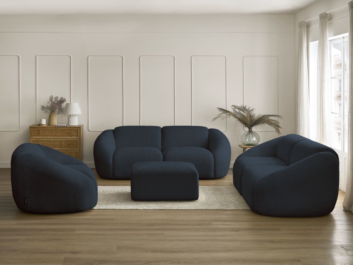 Vaste rechte bankset 3 + 2 zitplaatsen + TINA fauteuil in badstof met poef