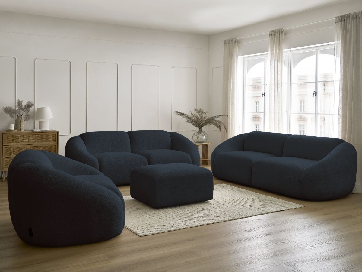 Ensemble canapé droit 3 + 2 places + fauteuil TINA bouclette avec pouf bleu foncé — vue 5