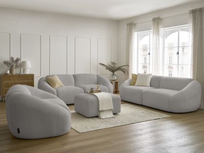 Ensemble canapé droit fixe 3 + 2 places + fauteuil TINA tissu bouclette avec pouf