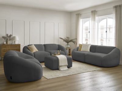Ensemble canapé droit fixe 3 + 2 places + fauteuil TINA tissu bouclette avec pouf
