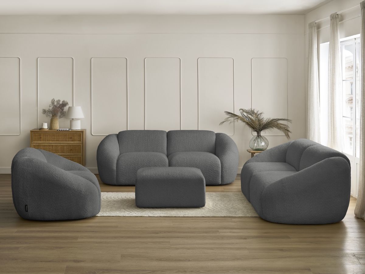 Vaste rechte bankset 3 + 2 zitplaatsen + TINA fauteuil in badstof met poef
