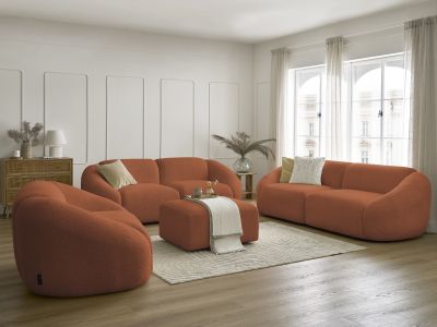Ensemble canapé droit fixe 3 + 2 places + fauteuil TINA tissu bouclette avec pouf
