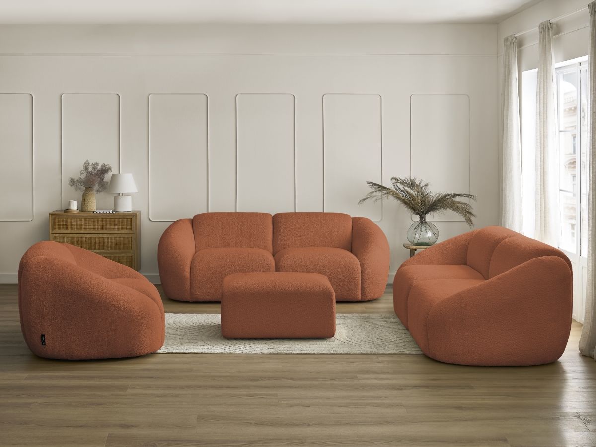 Vaste rechte bankset 3 + 2 zitplaatsen + TINA fauteuil in badstof met poef