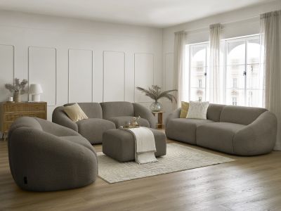 Ensemble canapé droit fixe 3 + 2 places + fauteuil TINA tissu bouclette avec pouf