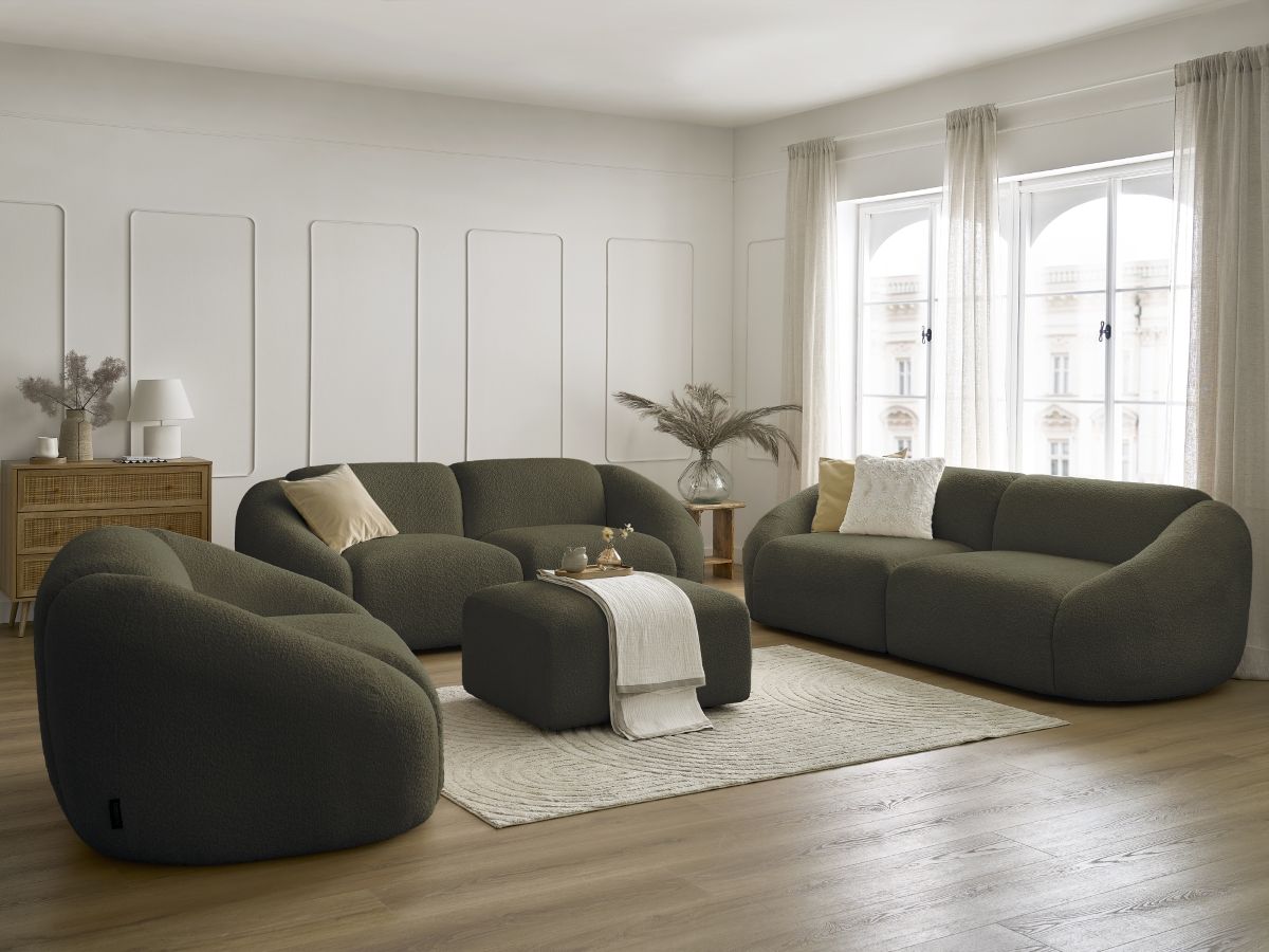 Vaste rechte bankset 3 + 2 zitplaatsen + TINA fauteuil in badstof met poef