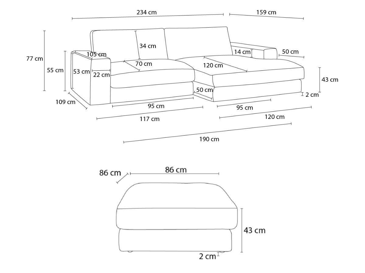 Canapé d'angle fixe compact LEONARD tissu texturé avec pouf