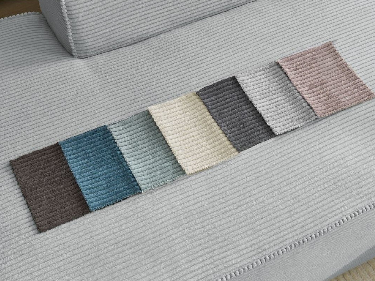 Canapé d'angle fixe modulable MEGEVE tissu velours côtelé avec 1 chauffeuse et 1 pouf