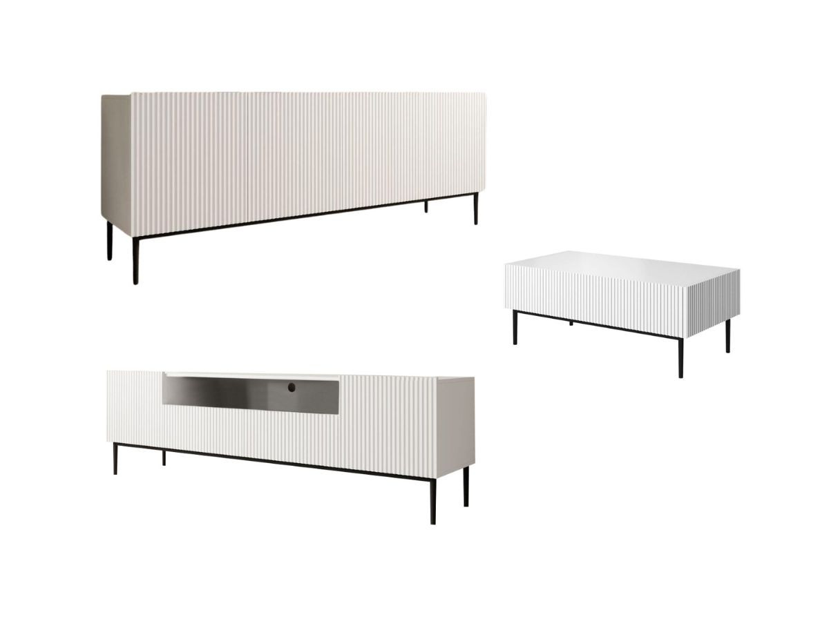 KASHA set met 200 cm tv-meubel met nis + 200 cm 4-deurs dressoir + salontafel met zwarte poten
