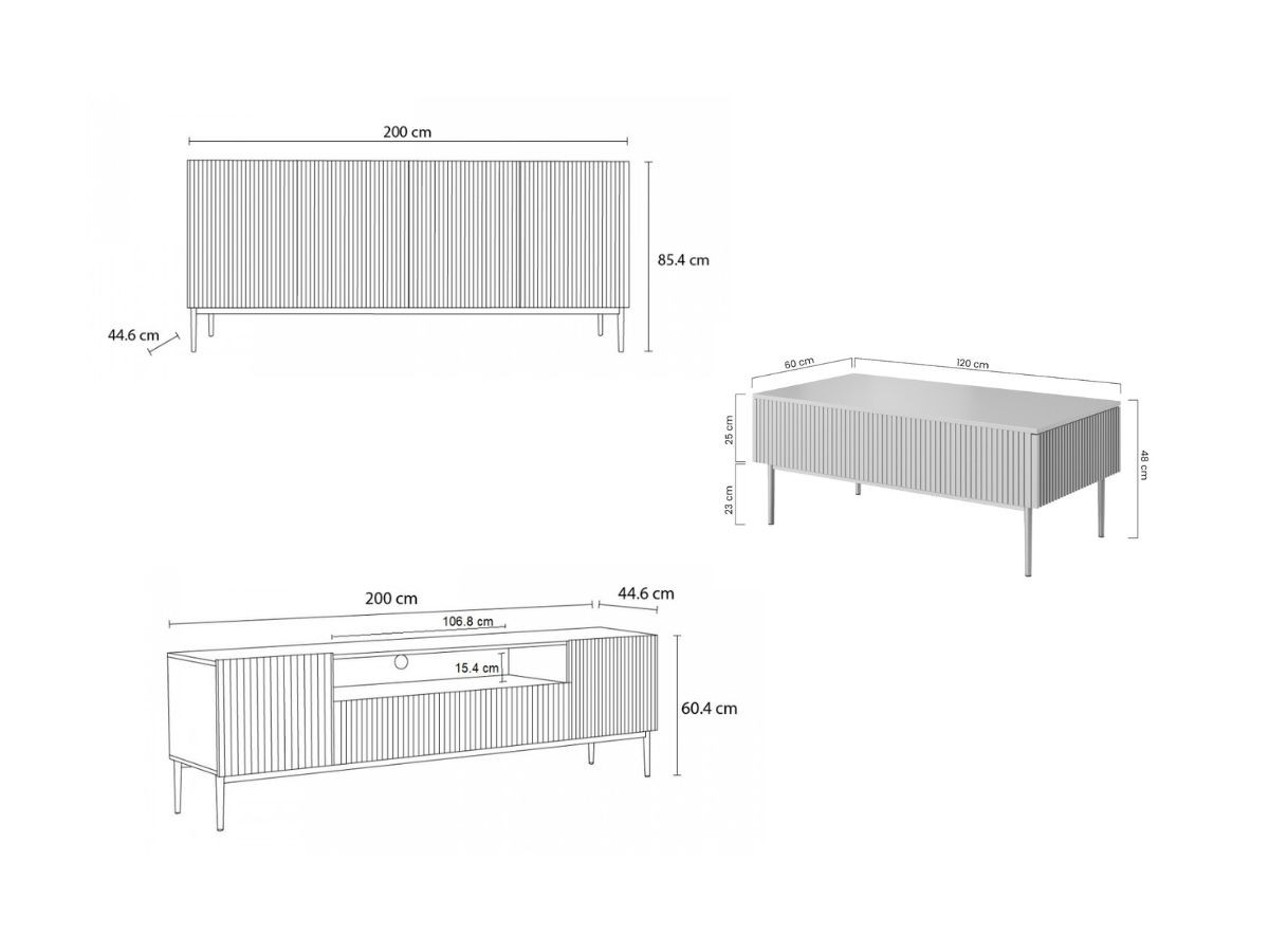 KASHA set met 200 cm tv-meubel met nis + 200 cm 4-deurs dressoir + salontafel met zwarte poten