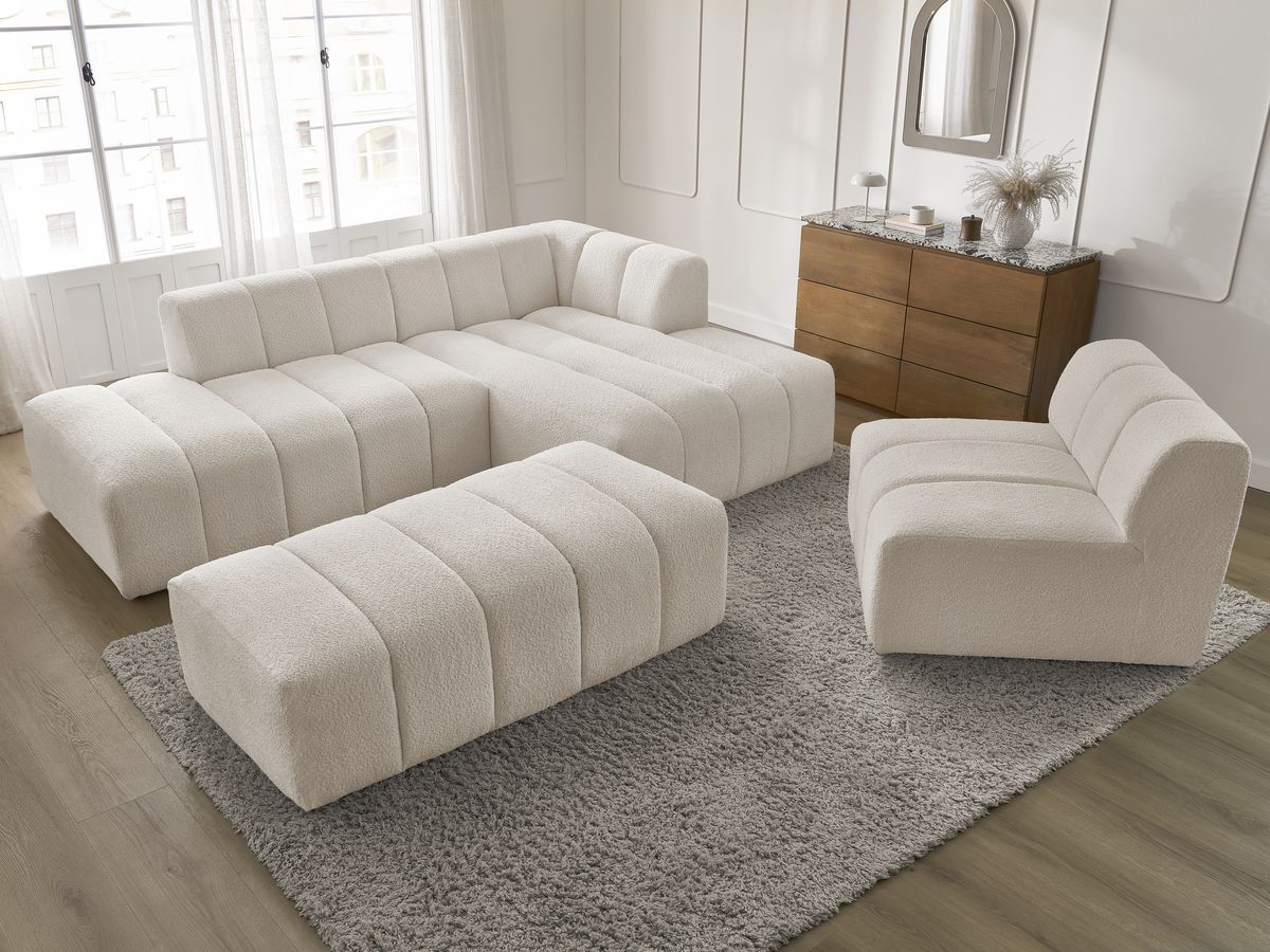 ANNECY modulaire vaste hoekbank in badstof met 1 enkele fauteuil en 1 poef