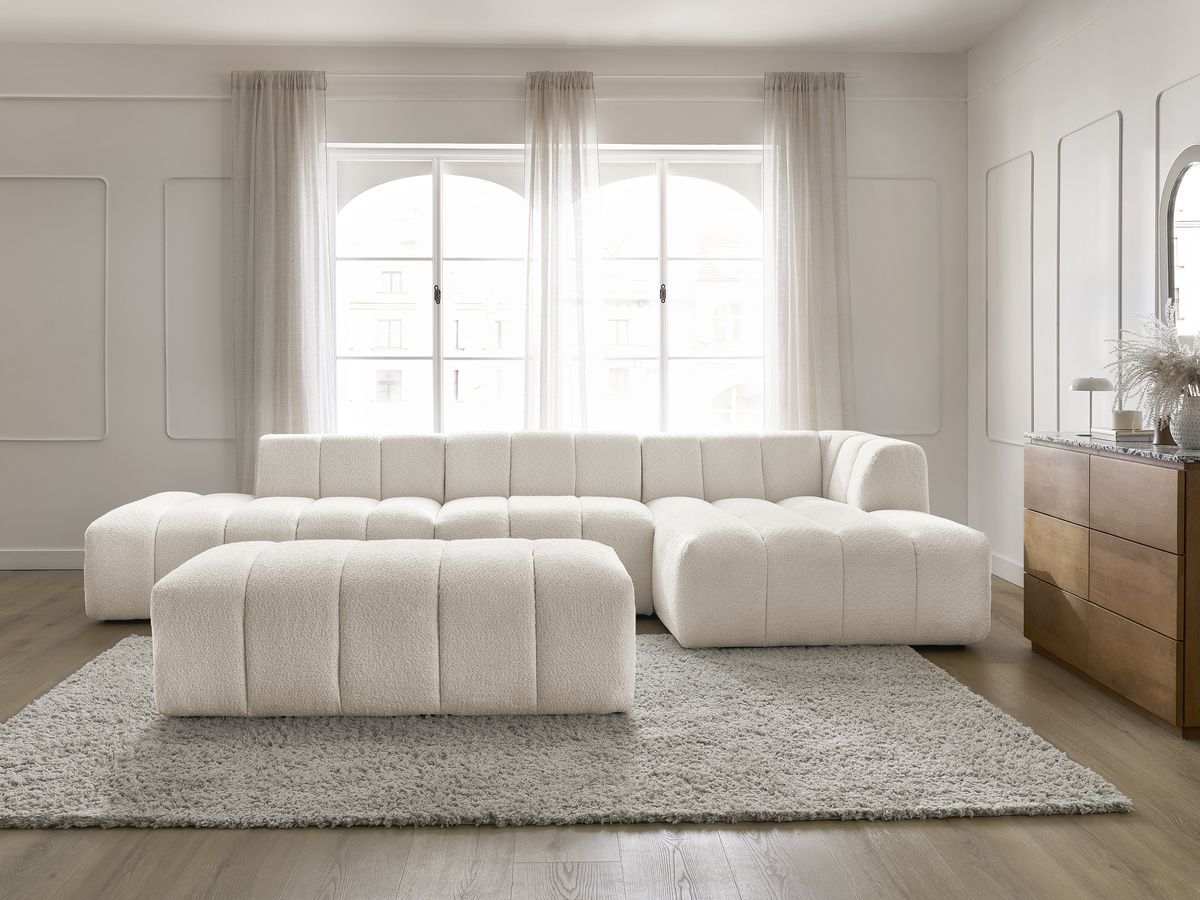 ANNECY modulaire vaste hoekbank in badstof met 1 enkele fauteuil en 1 poef