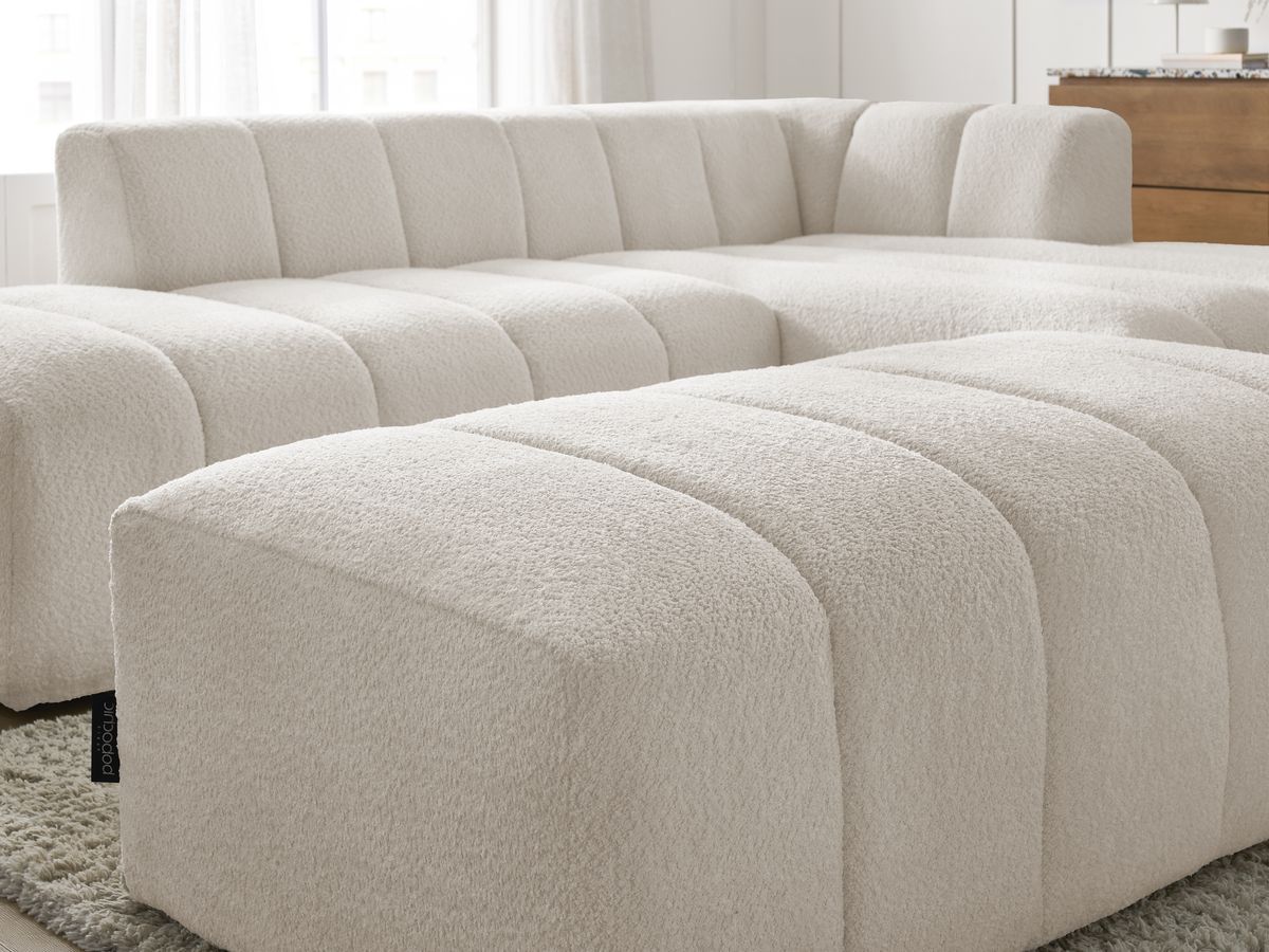 ANNECY modulaire vaste hoekbank in badstof met 1 enkele fauteuil en 1 poef