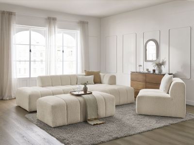 Canapé d'angle fixe modulable ANNECY tissu bouclette avec 1 chauffeuse 1 place et 1 pouf