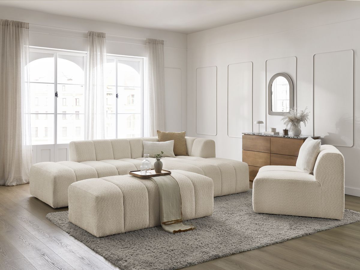 ANNECY modulaire vaste hoekbank in badstof met 1 enkele fauteuil en 1 poef