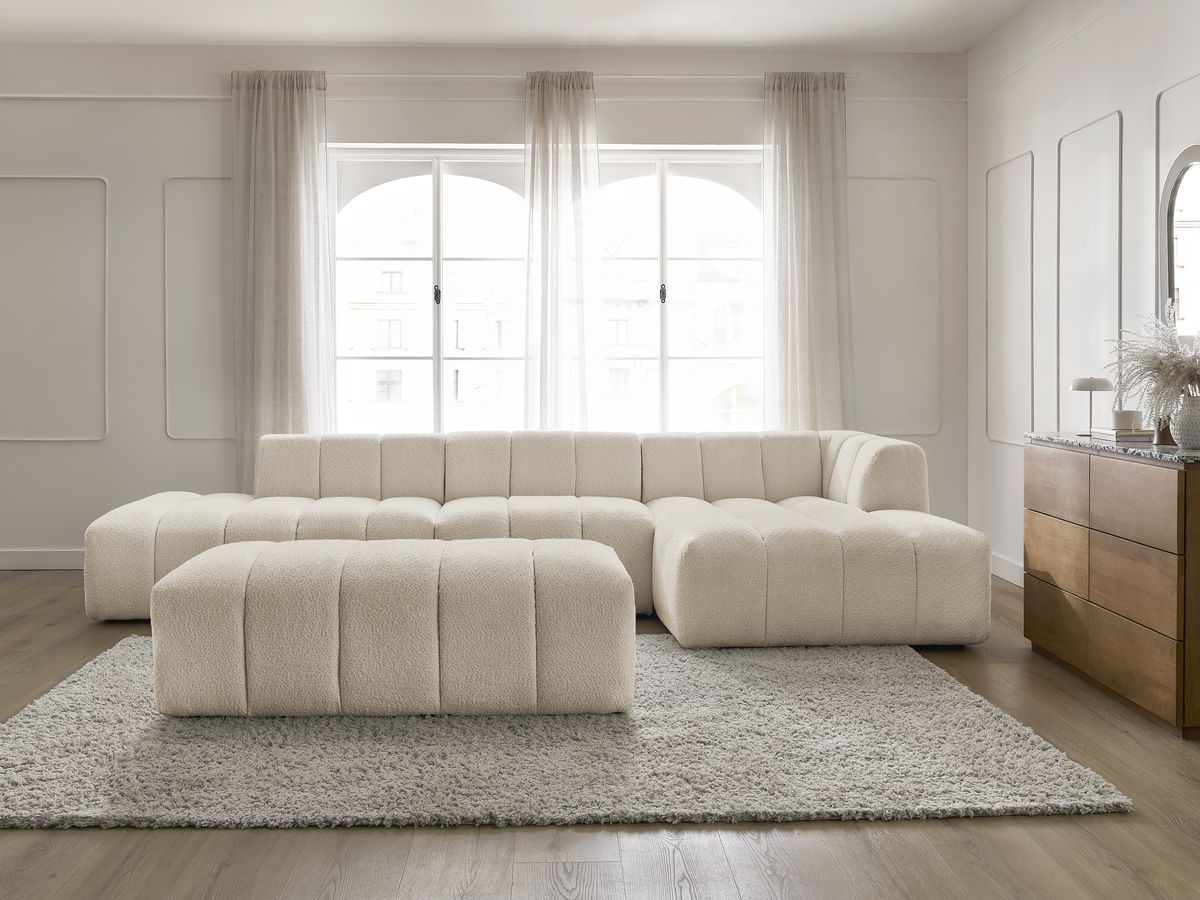 ANNECY modulaire vaste hoekbank in badstof met 1 enkele fauteuil en 1 poef