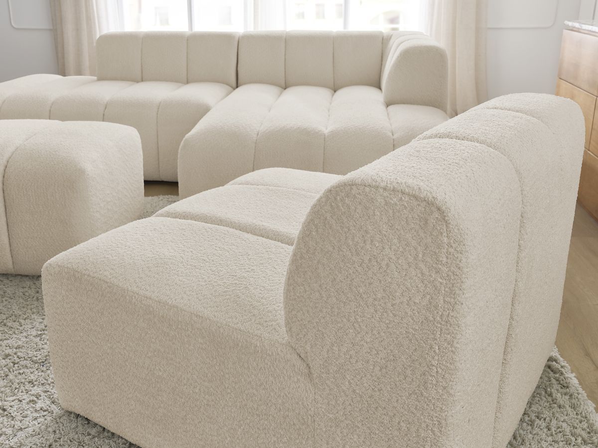 ANNECY modulaire vaste hoekbank in badstof met 1 enkele fauteuil en 1 poef