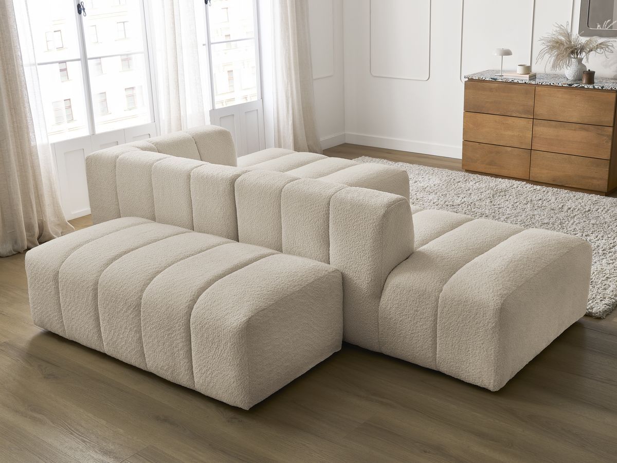 ANNECY modulaire vaste hoekbank in badstof met 1 enkele fauteuil en 1 poef