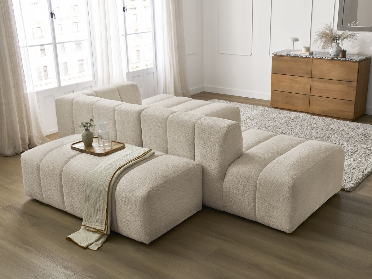 ANNECY modulaire vaste hoekbank in badstof met 1 enkele fauteuil en 1 poef