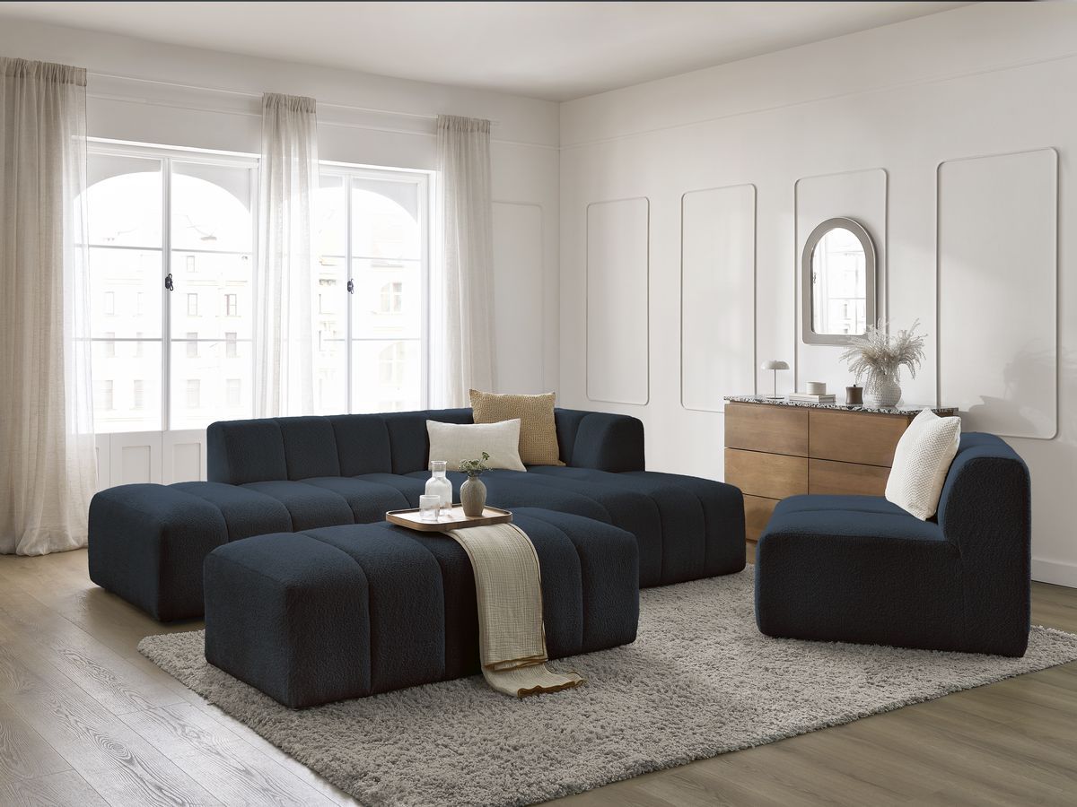 ANNECY modulaire vaste hoekbank in badstof met 1 enkele fauteuil en 1 poef