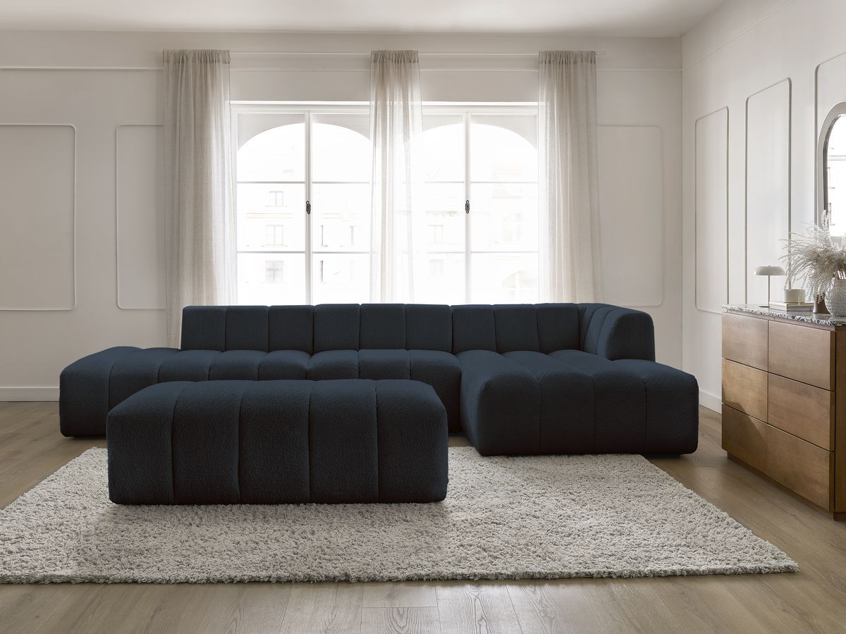 ANNECY modulaire vaste hoekbank in badstof met 1 enkele fauteuil en 1 poef