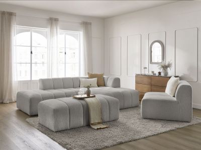 Canapé d'angle fixe modulable ANNECY tissu bouclette avec 1 chauffeuse 1 place et 1 pouf